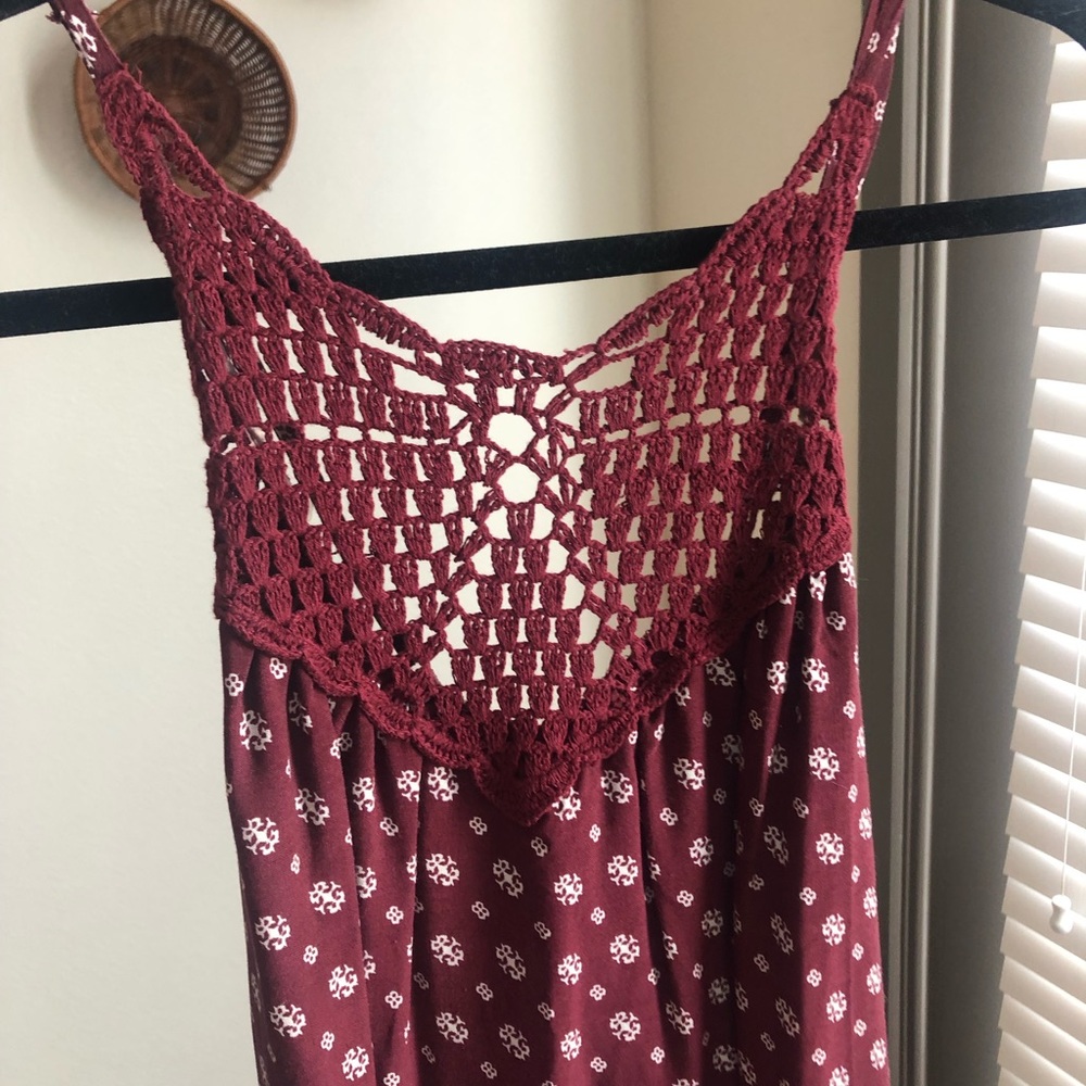 high neck dress with crocheted neckline